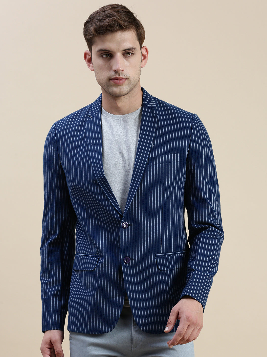 Men Navy Striped Casual Blazer