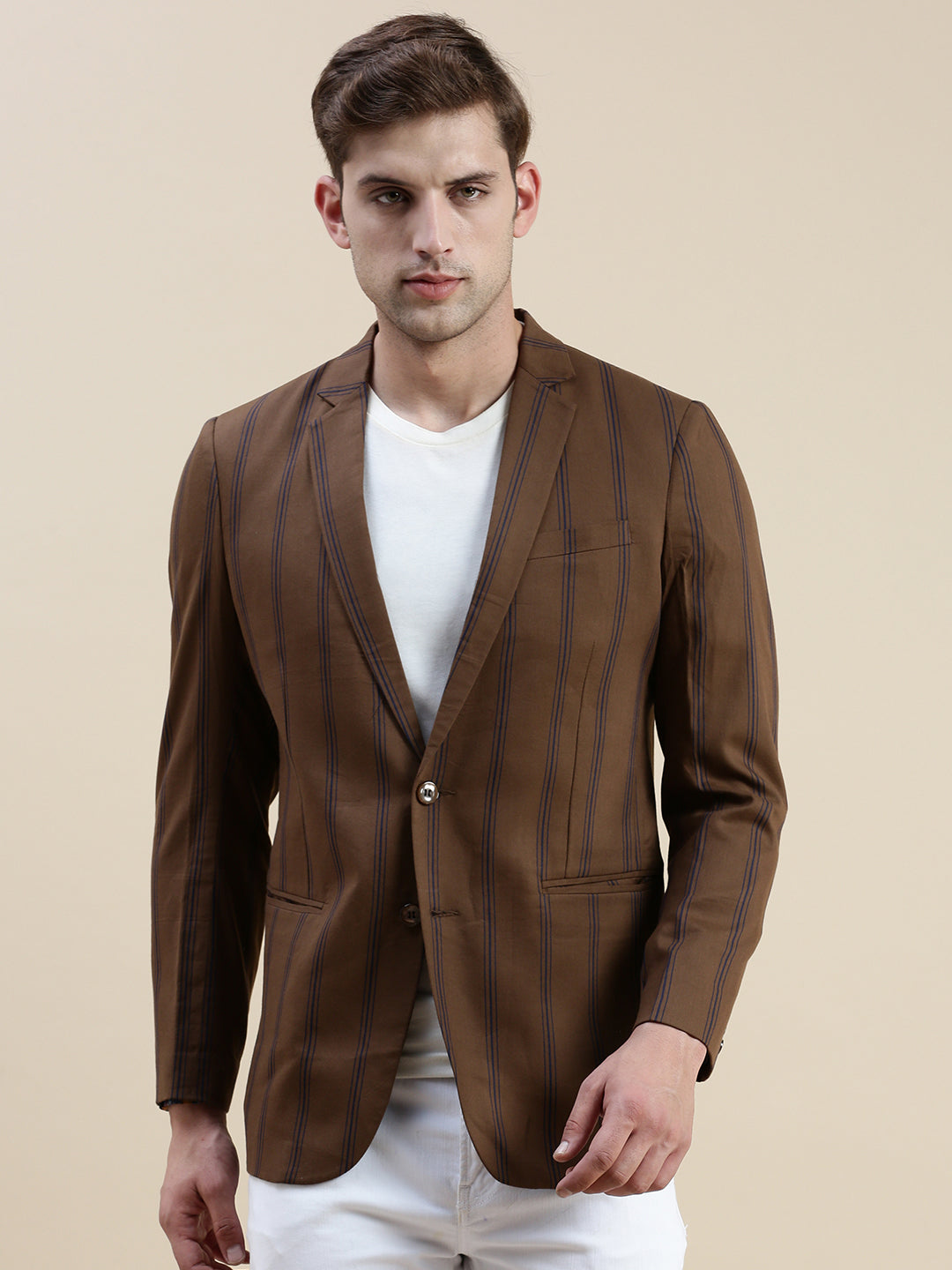 Men Brown Striped Casual Blazer