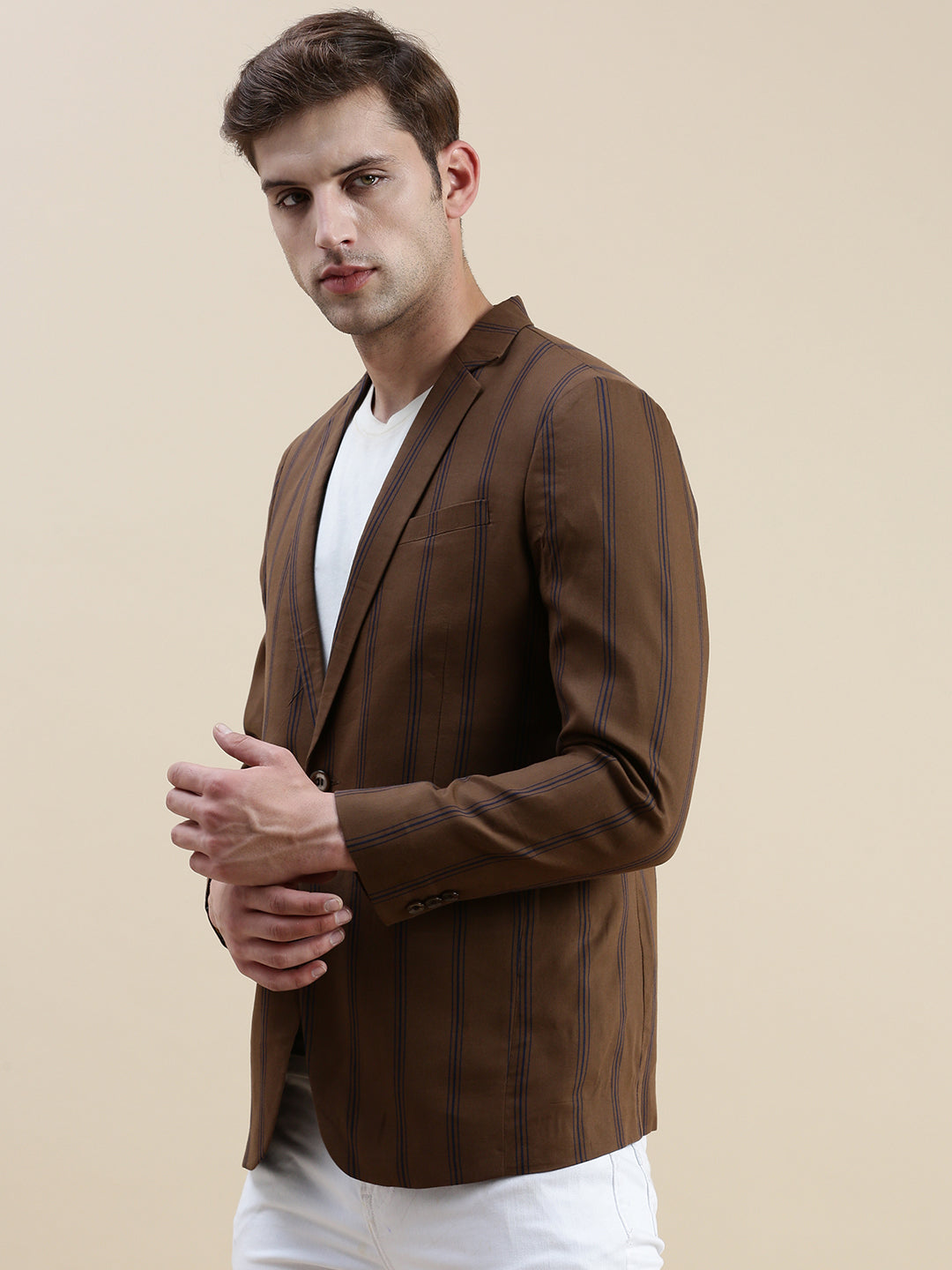 Men Brown Striped Casual Blazer