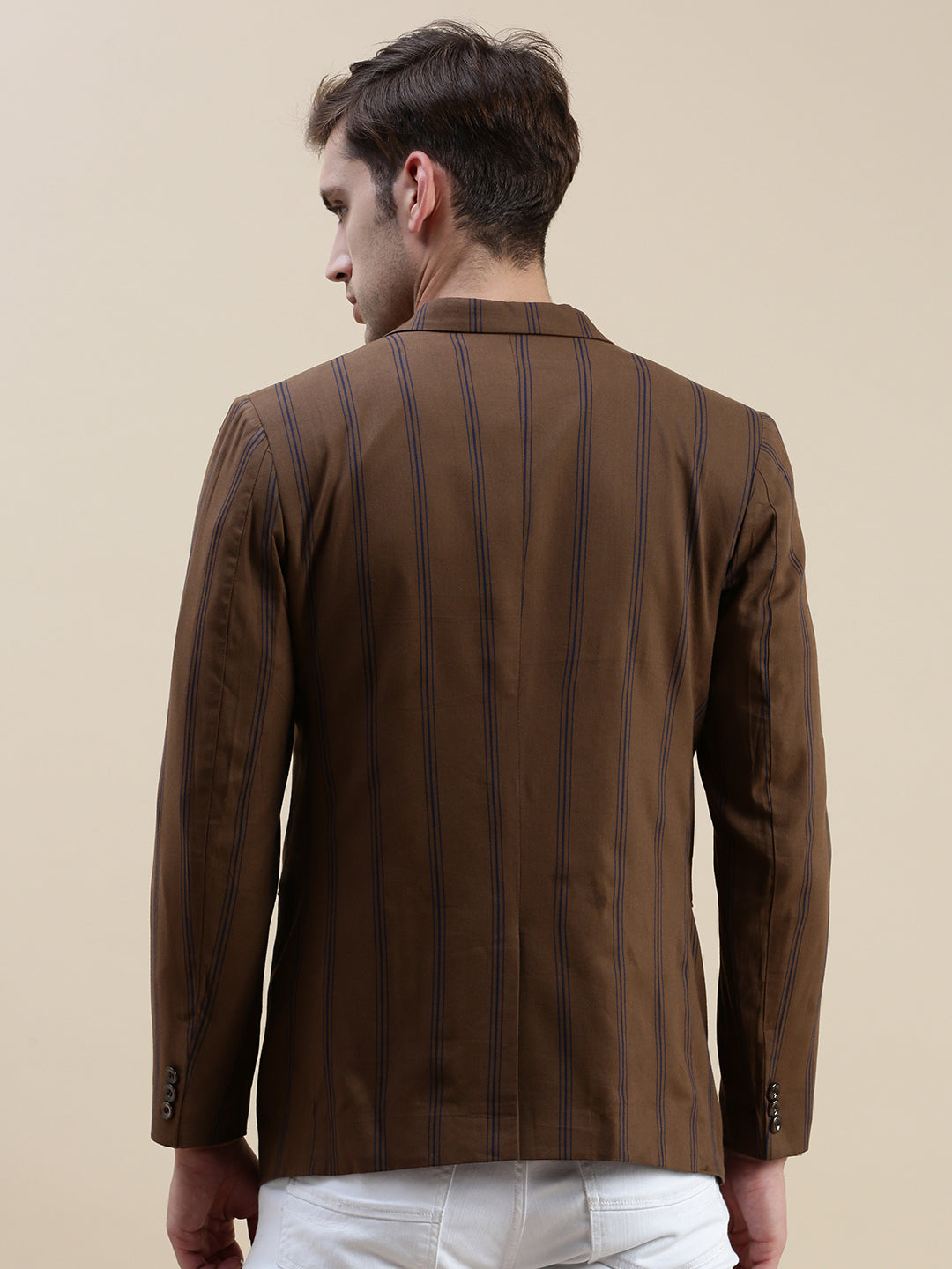 Men Brown Striped Casual Blazer