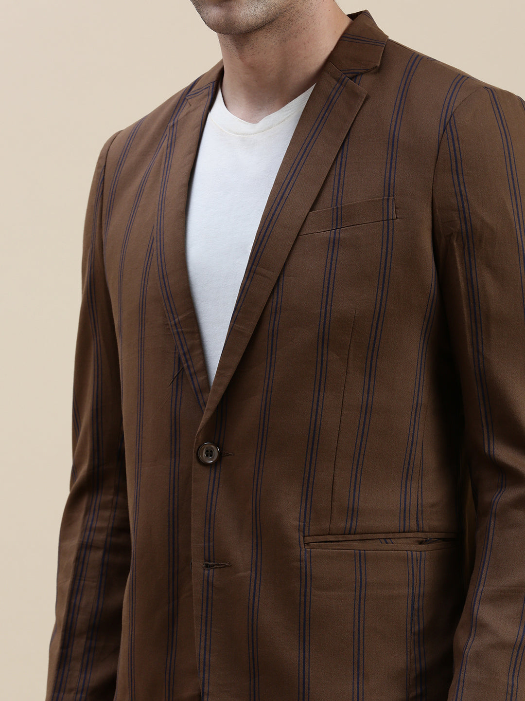 Men Brown Striped Casual Blazer