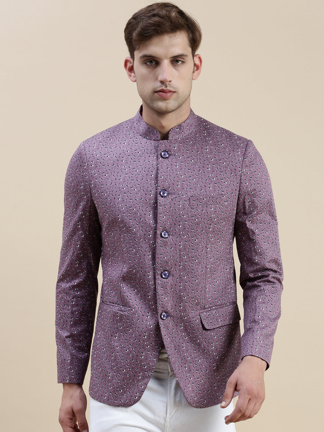 Men Lavender Printed Mandarin Collar Blazer