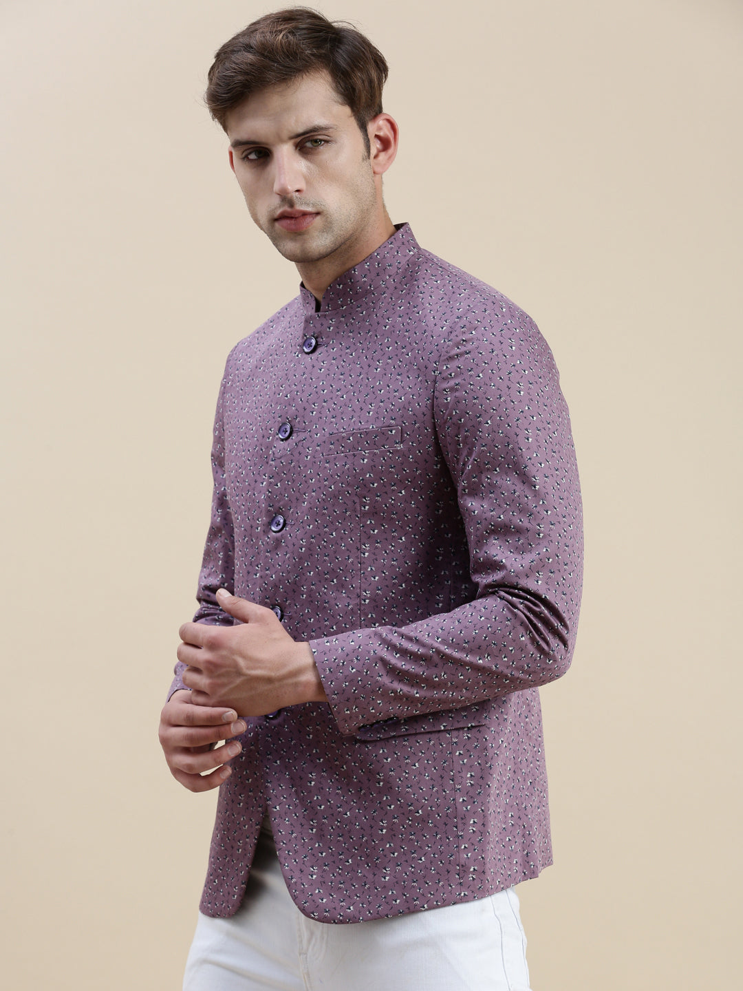 Men Lavender Printed Mandarin Collar Blazer