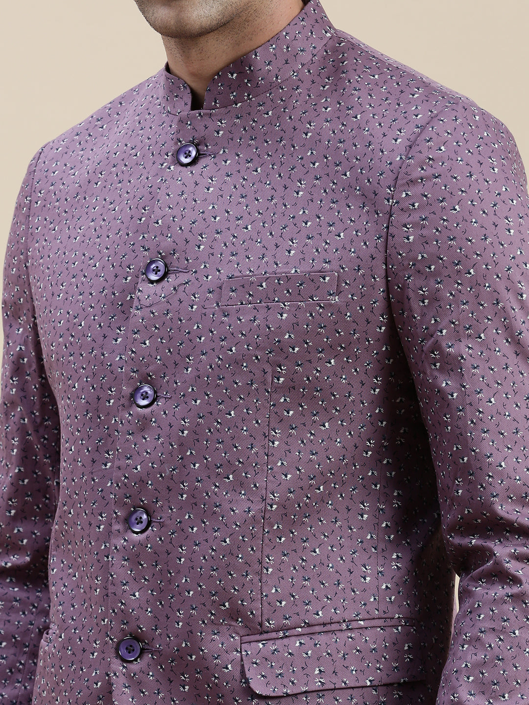 Men Lavender Printed Mandarin Collar Blazer