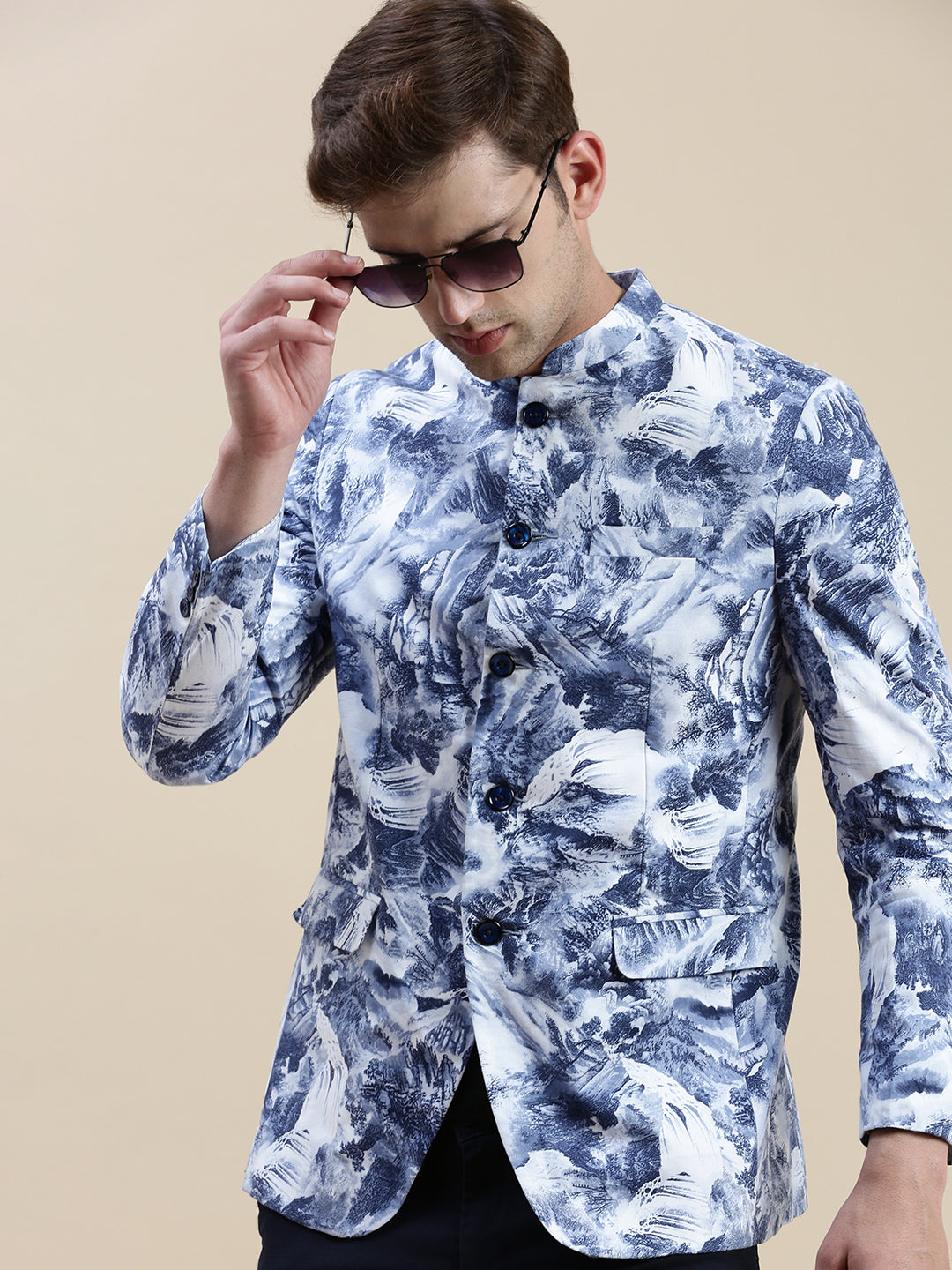 Men Blue Printed Casual Blazer