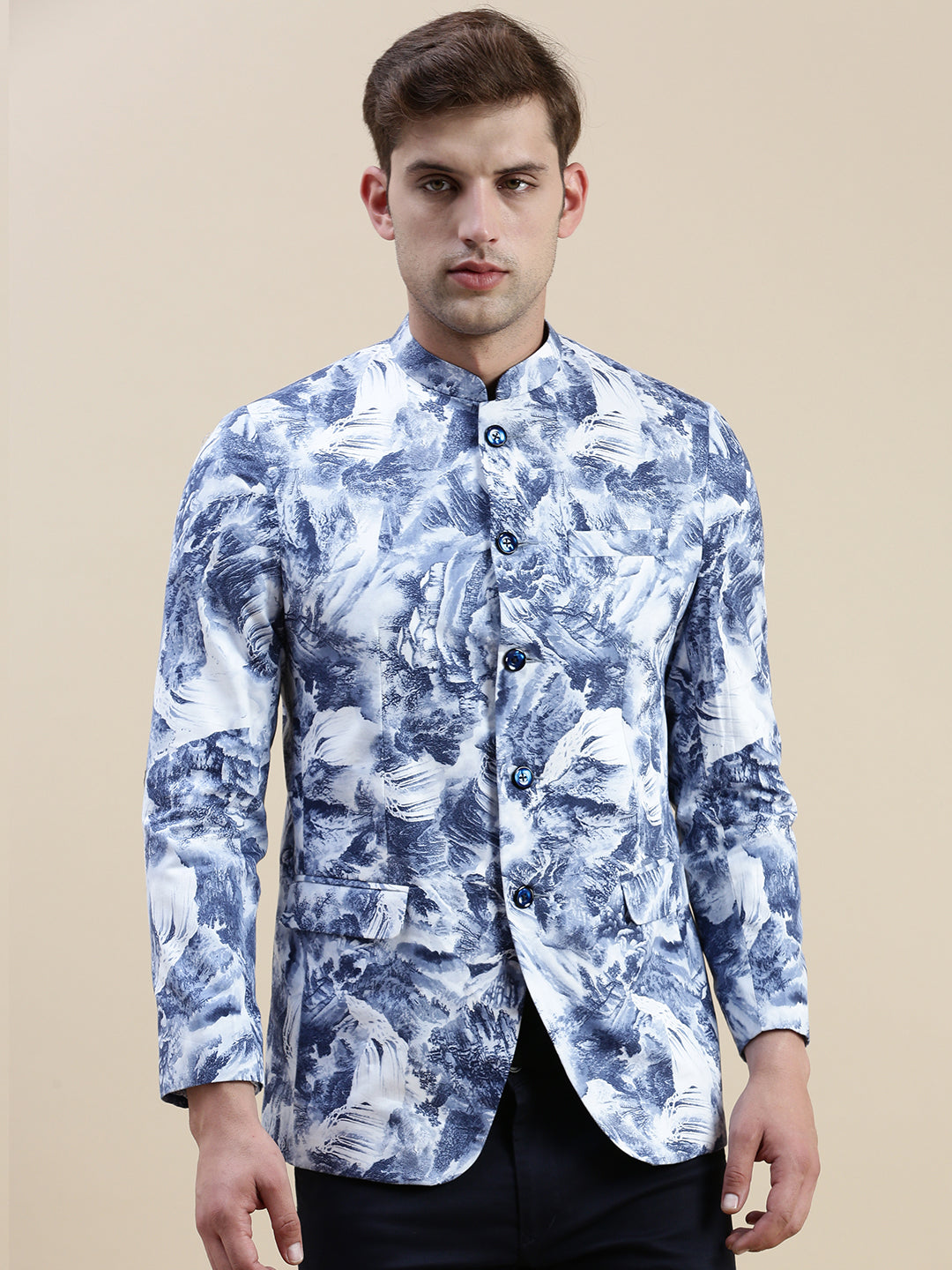 Men Blue Printed Casual Blazer