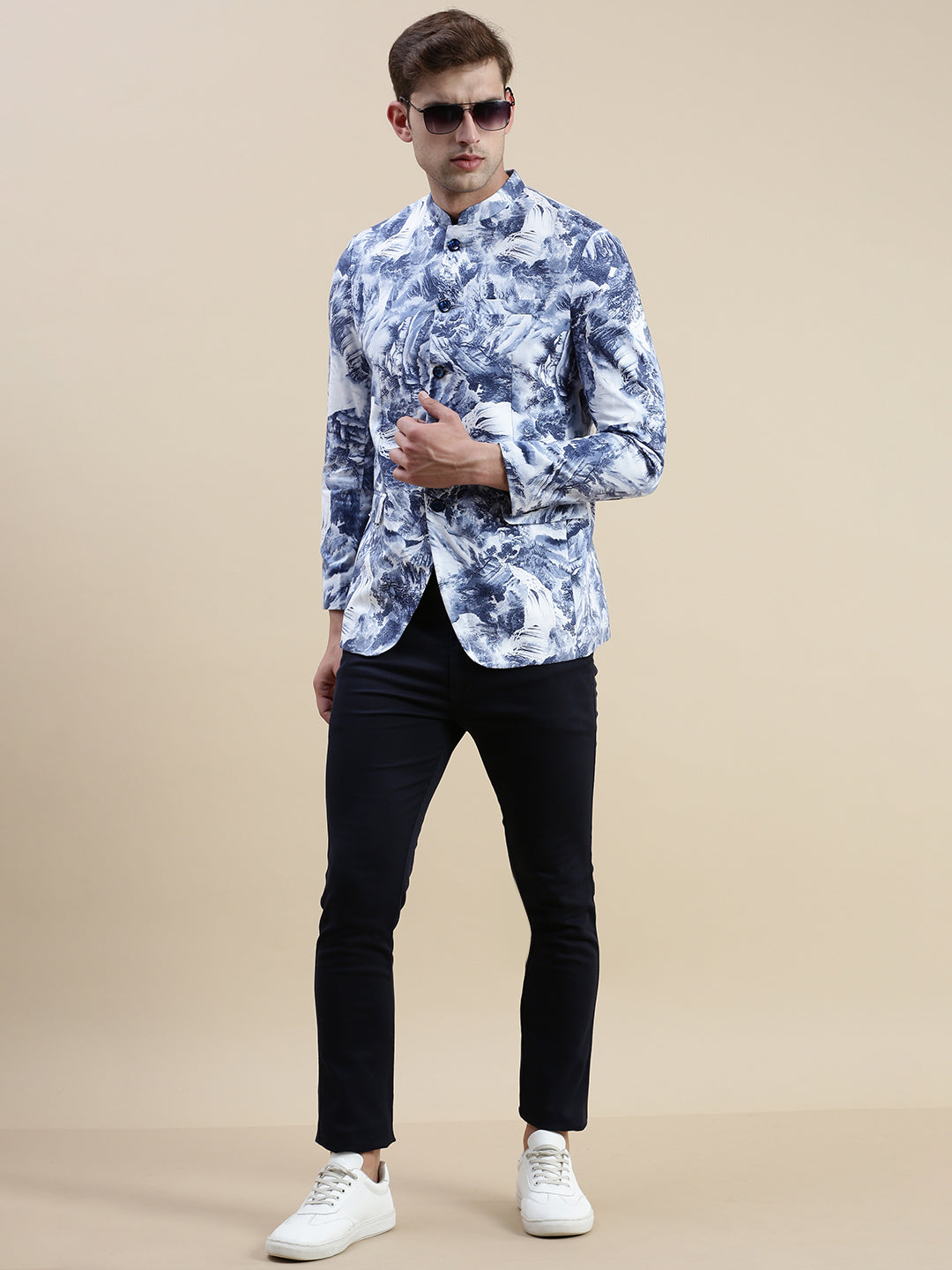 Men Blue Printed Casual Blazer