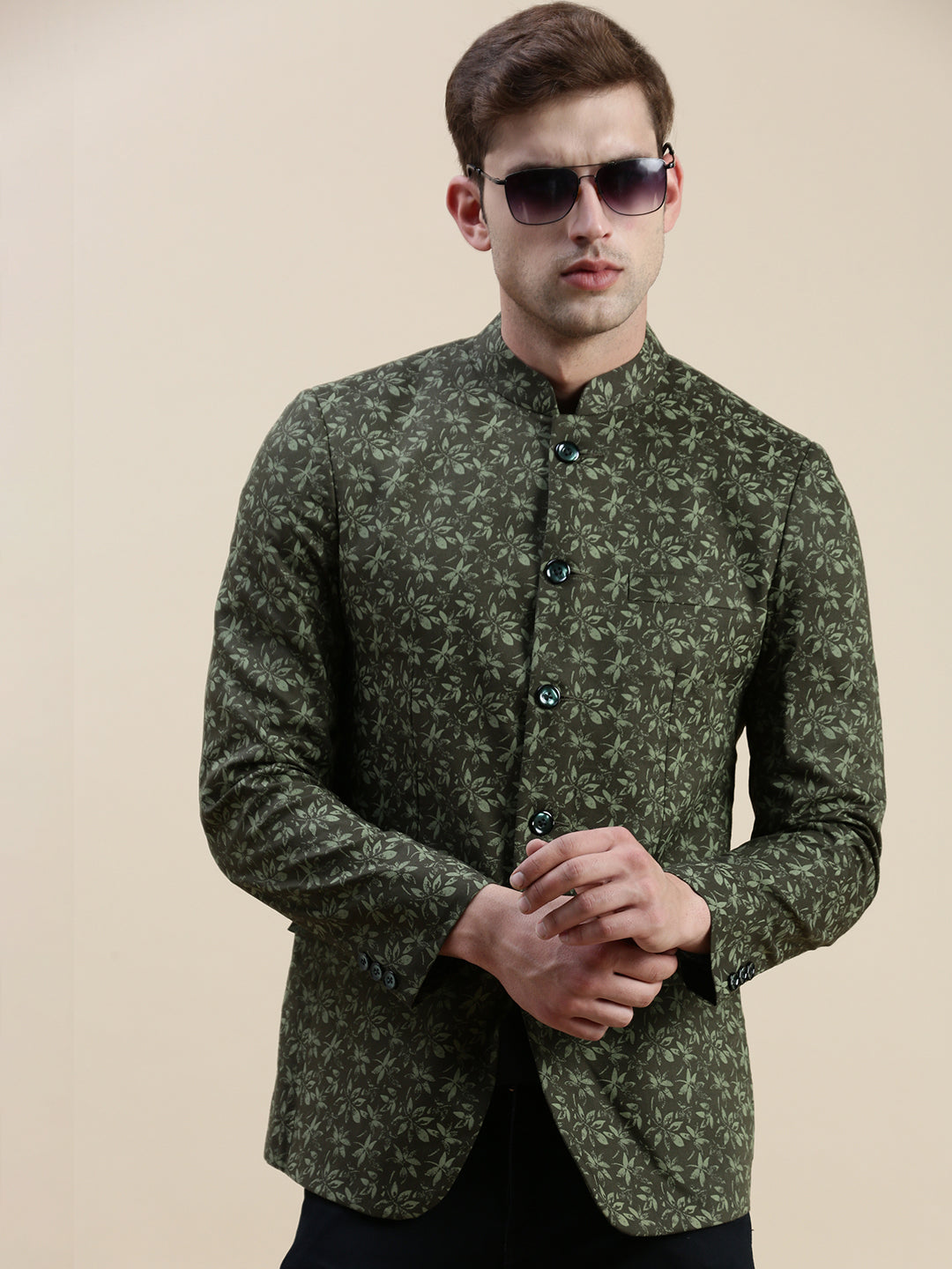 Men Green Printed Casual Blazer