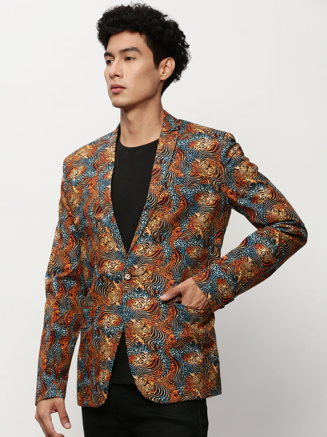 Men Orange Printed Casual Blazers