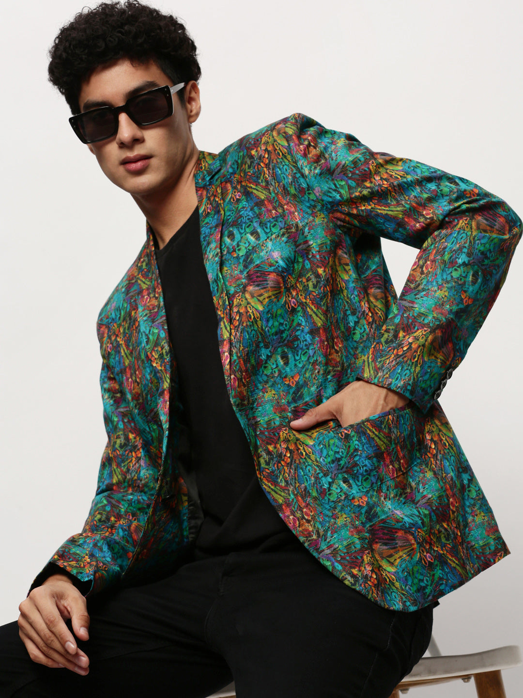 Men Blue Printed Casual Blazers