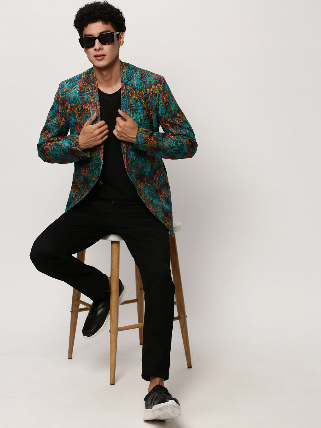 Men Blue Printed Casual Blazers