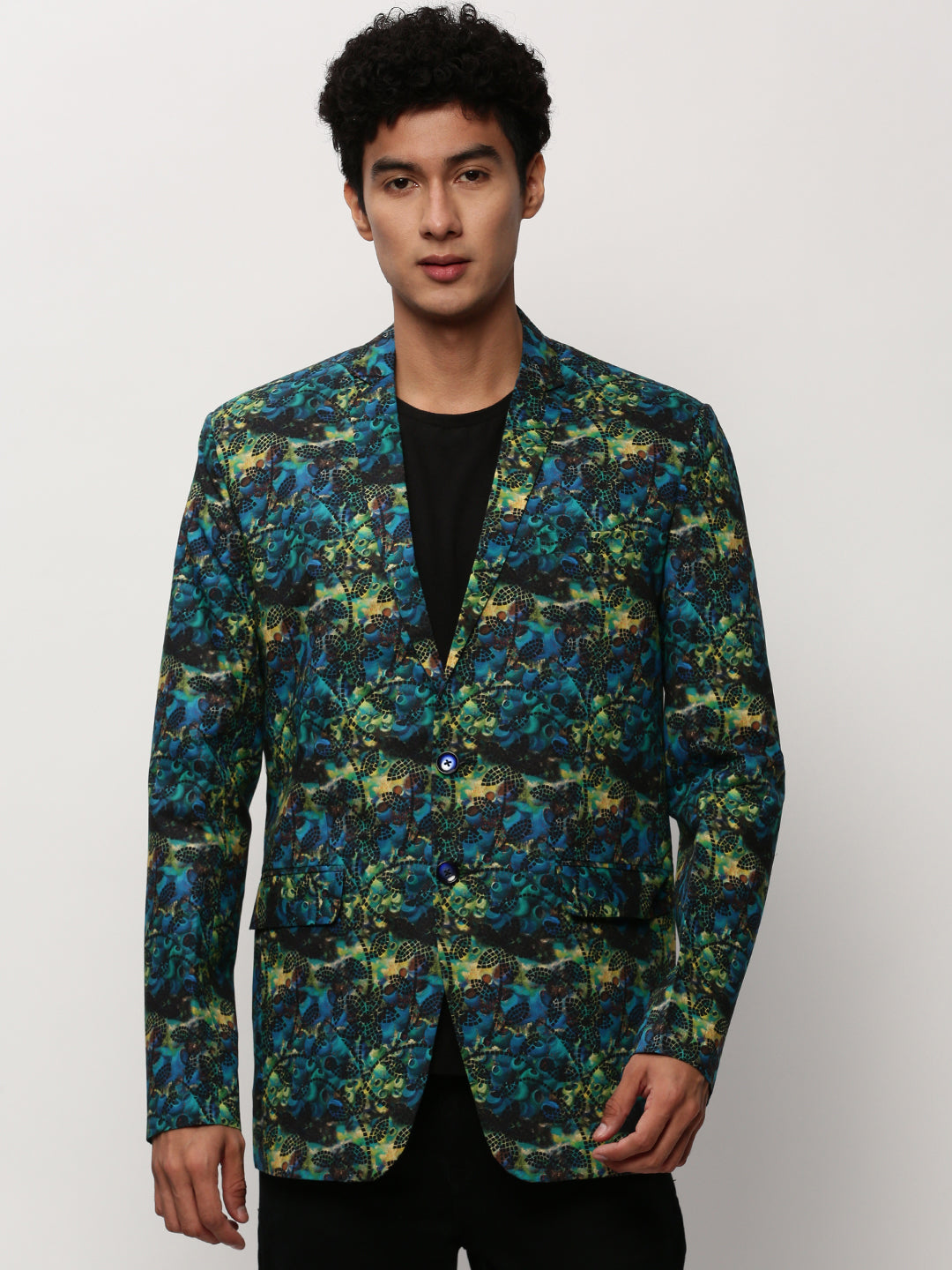 Men Blue Printed Casual Blazers