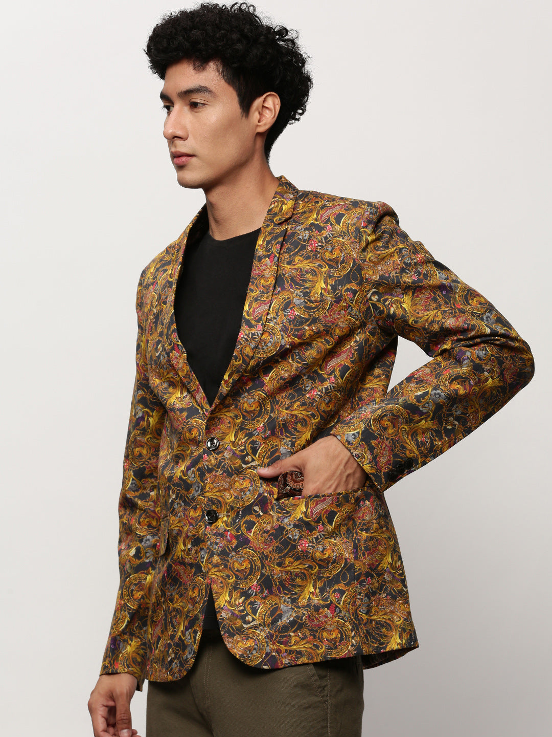 Men Yellow Printed Casual Blazers