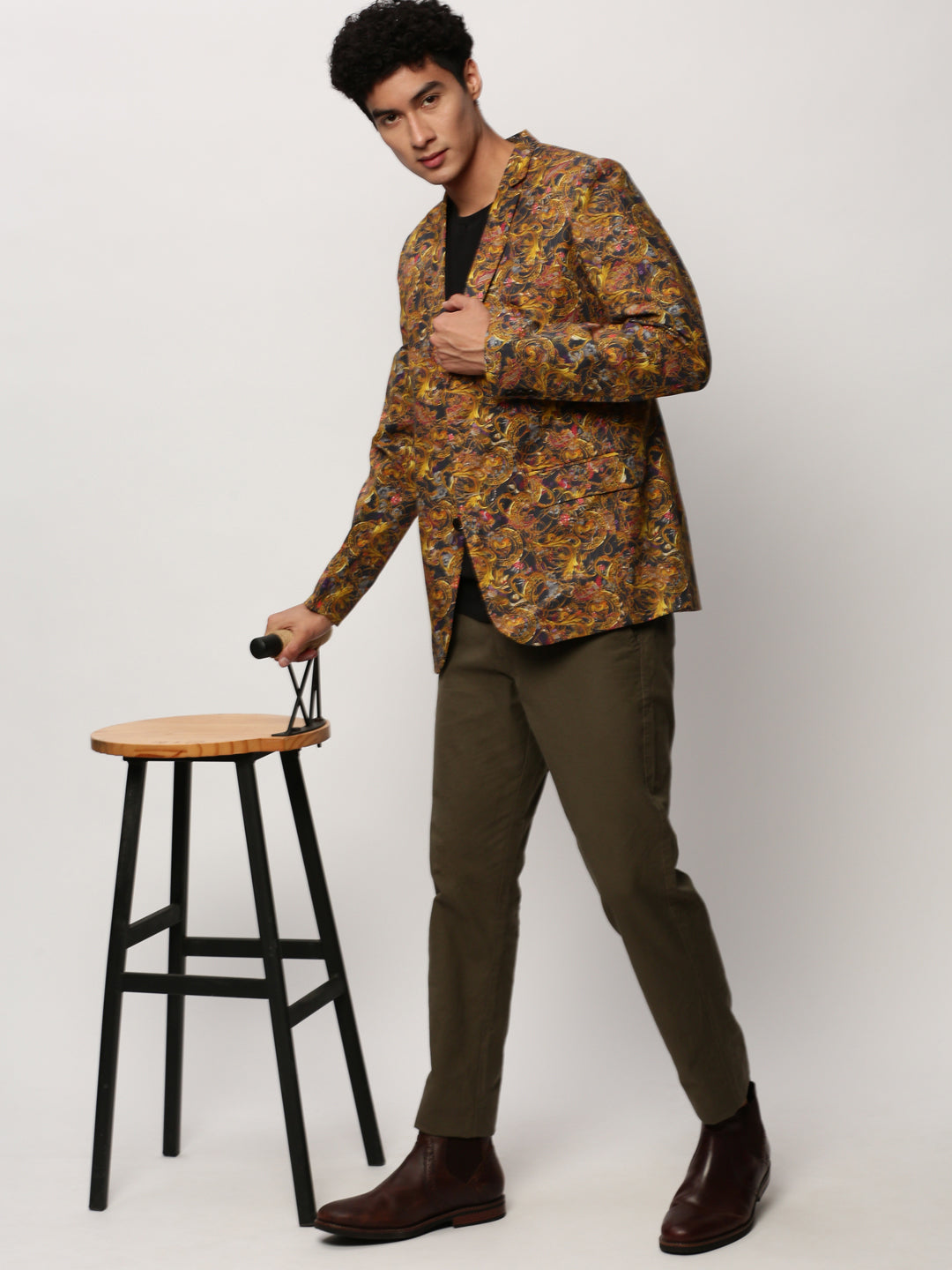 Men Yellow Printed Casual Blazers