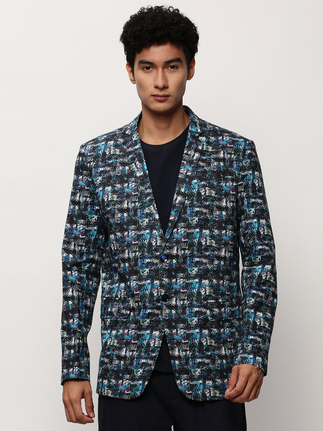 Men Blue Printed Casual Blazers