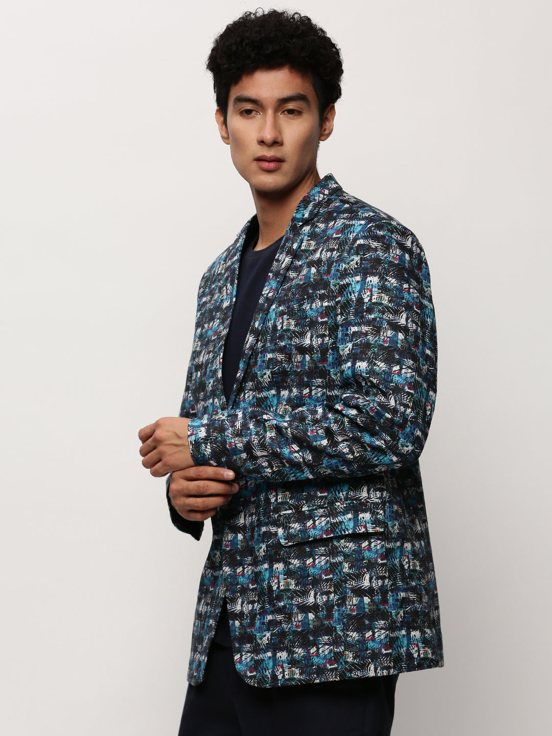 Men Blue Printed Casual Blazers