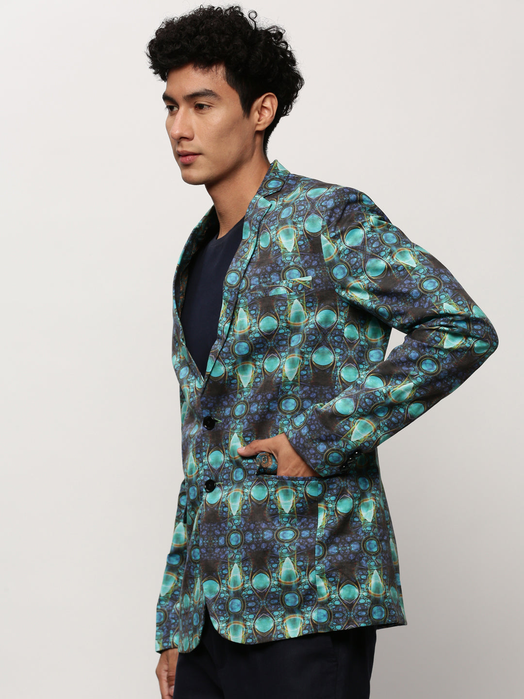 Men Blue Printed Casual Blazers