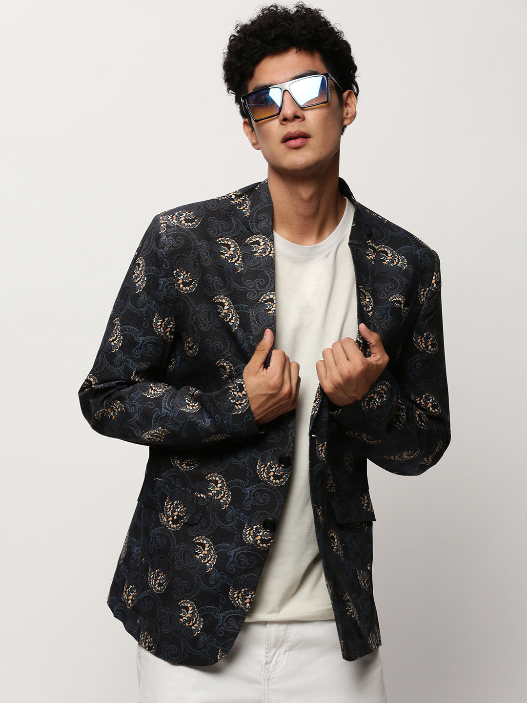 Men Black Printed Casual Blazers