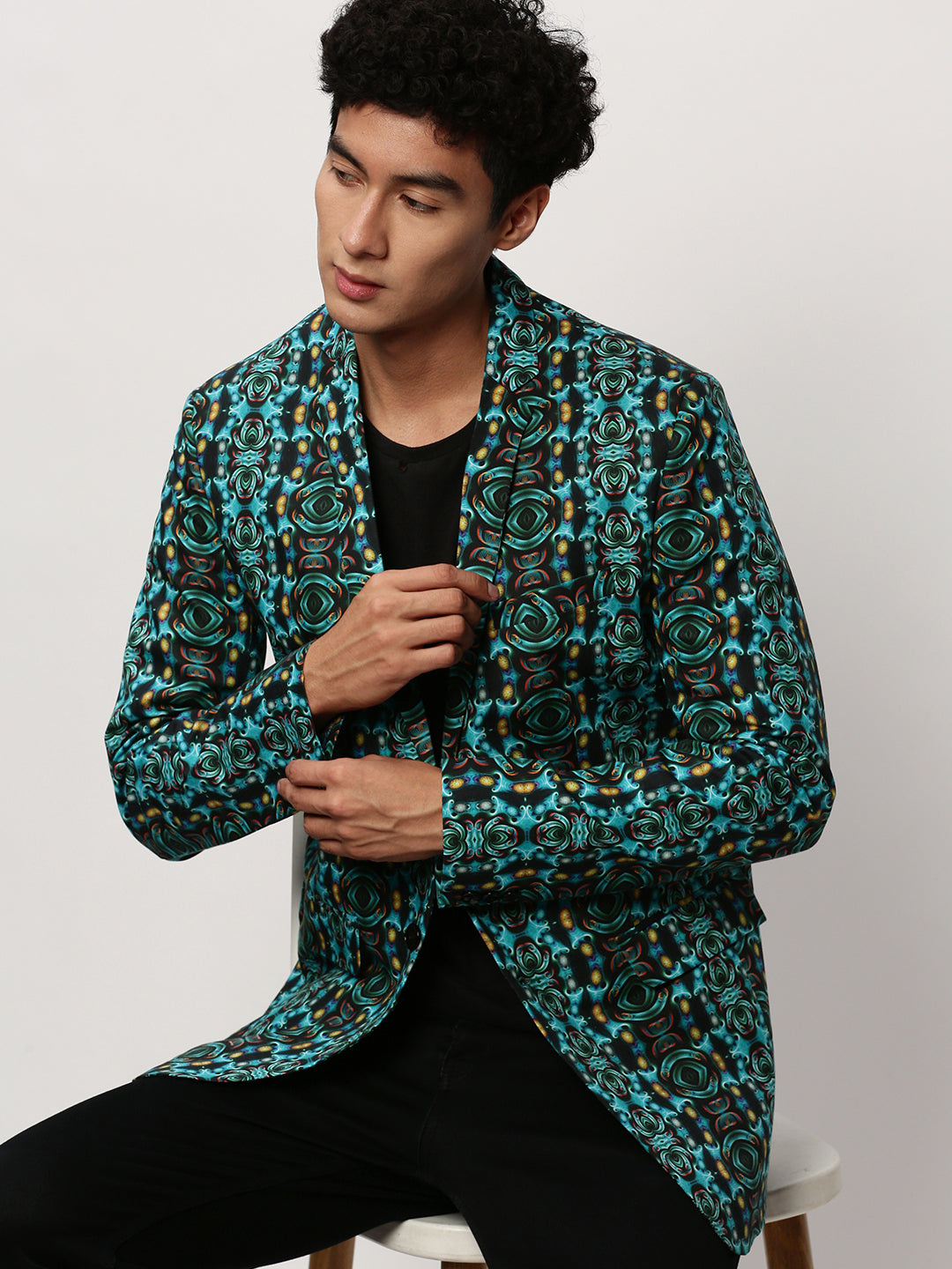 Men Blue Printed Casual Blazers