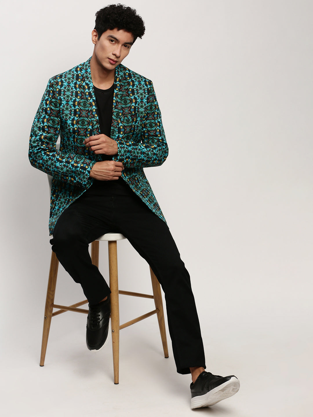 Men Blue Printed Casual Blazers