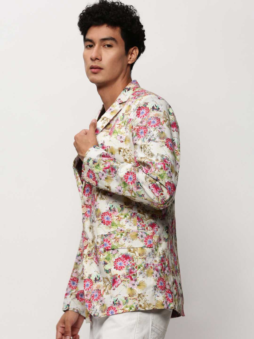 Men's Off White Printed Notched Lapel Collar Single Breasted Slim-Fit Casual Blazer