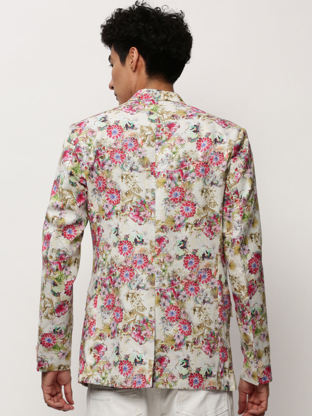 Men's Off White Printed Notched Lapel Collar Single Breasted Slim-Fit Casual Blazer