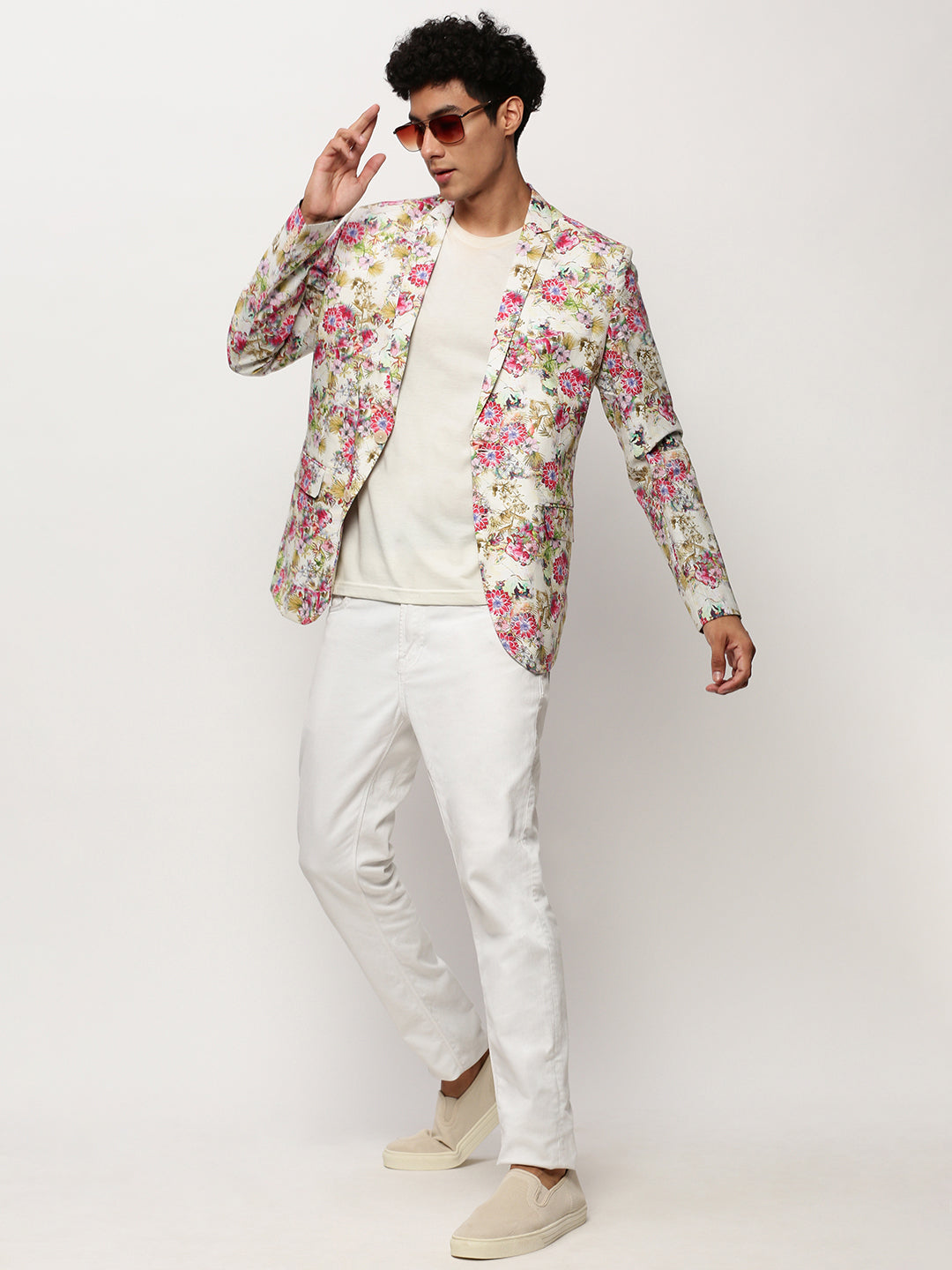 Men's Off White Printed Notched Lapel Collar Single Breasted Slim-Fit Casual Blazer