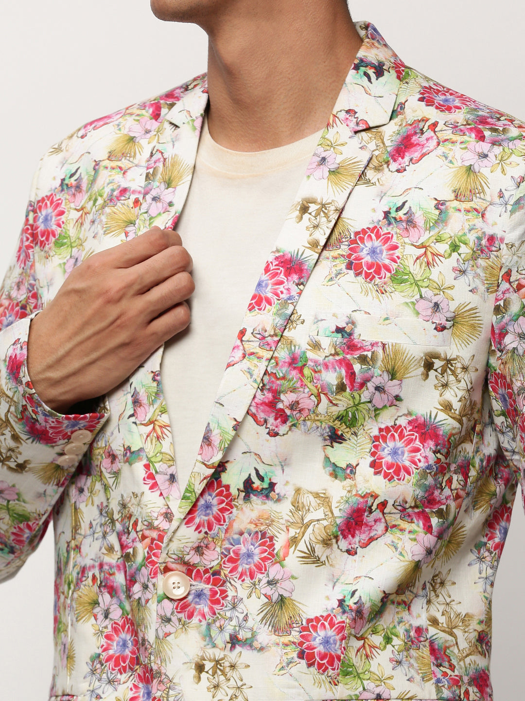 Men's Off White Printed Notched Lapel Collar Single Breasted Slim-Fit Casual Blazer