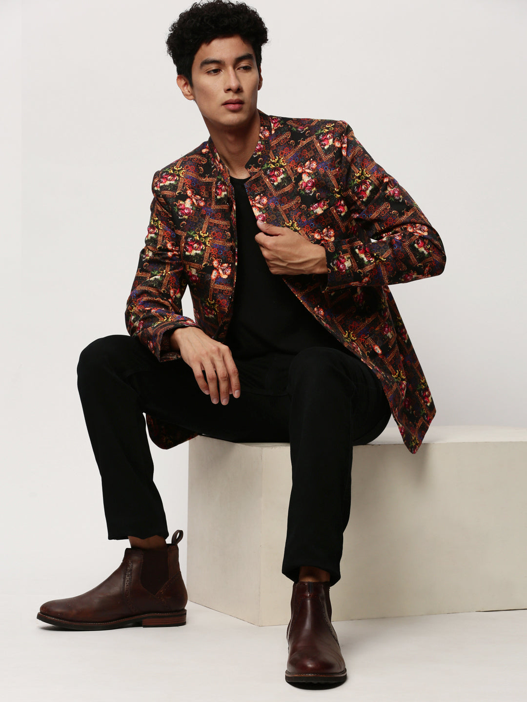 Men Black Printed Casual Blazers