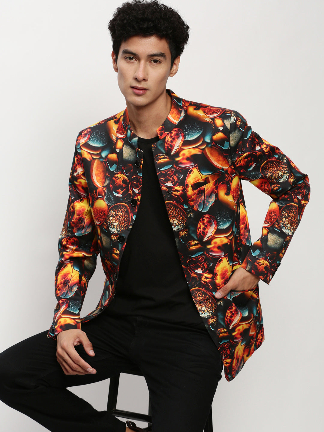 Men Orange Printed Casual Blazers