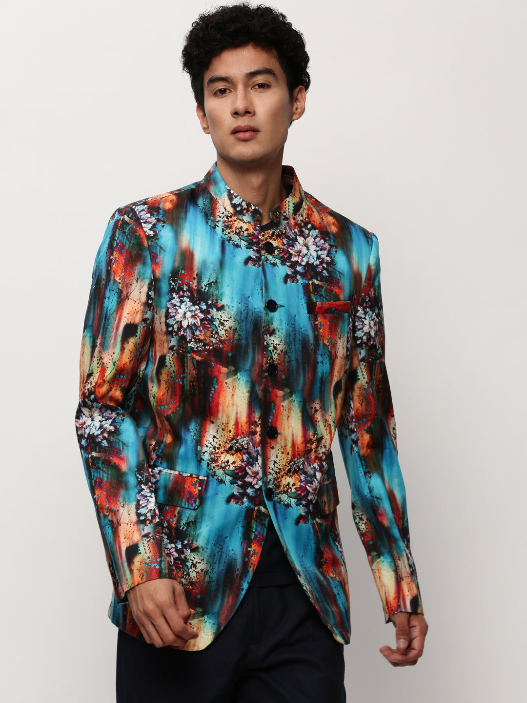 Men Blue Printed Casual Blazers