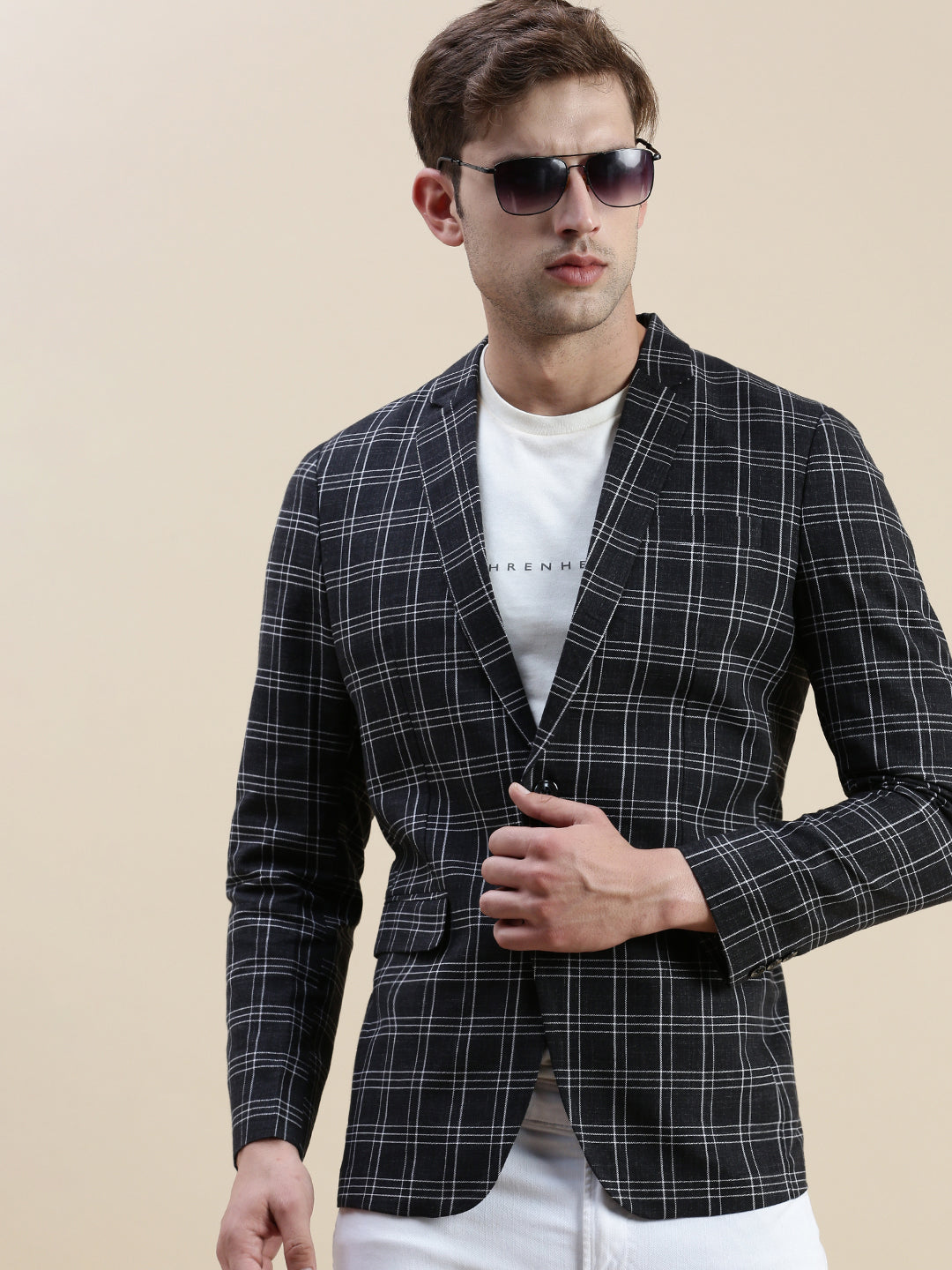 Men Black Checked Notched Lapel Blazer