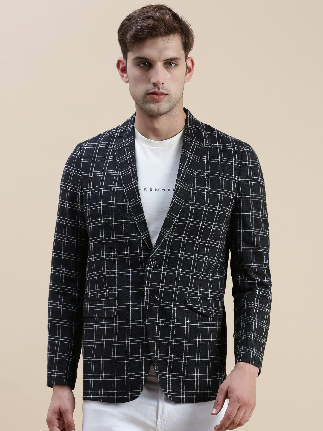 Men Black Checked Notched Lapel Blazer