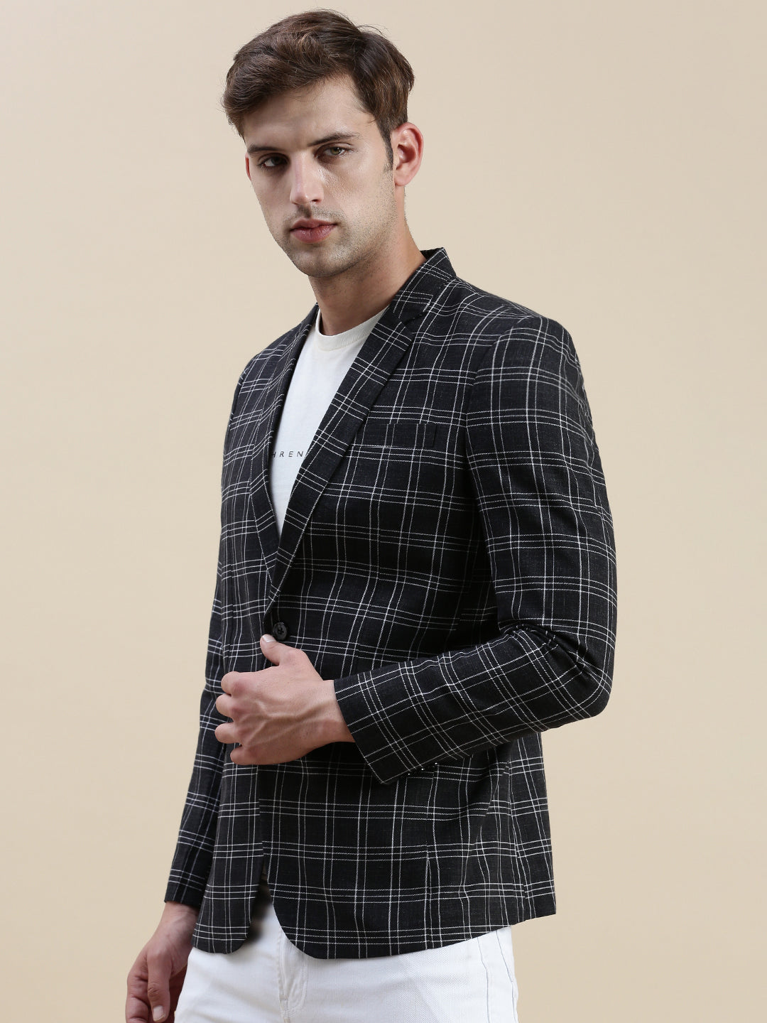 Men Black Checked Notched Lapel Blazer