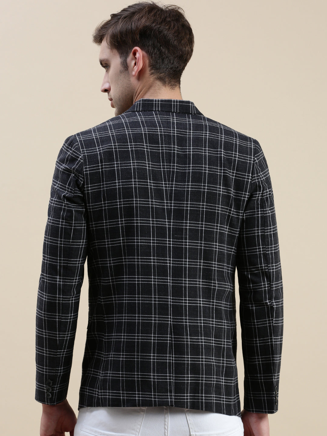 Men Black Checked Notched Lapel Blazer