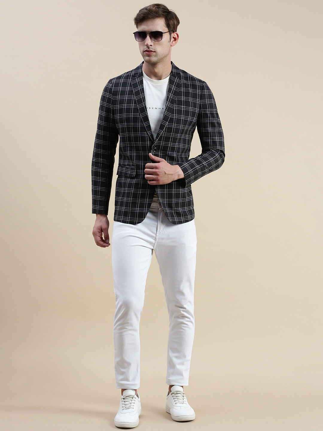 Men Black Checked Notched Lapel Blazer