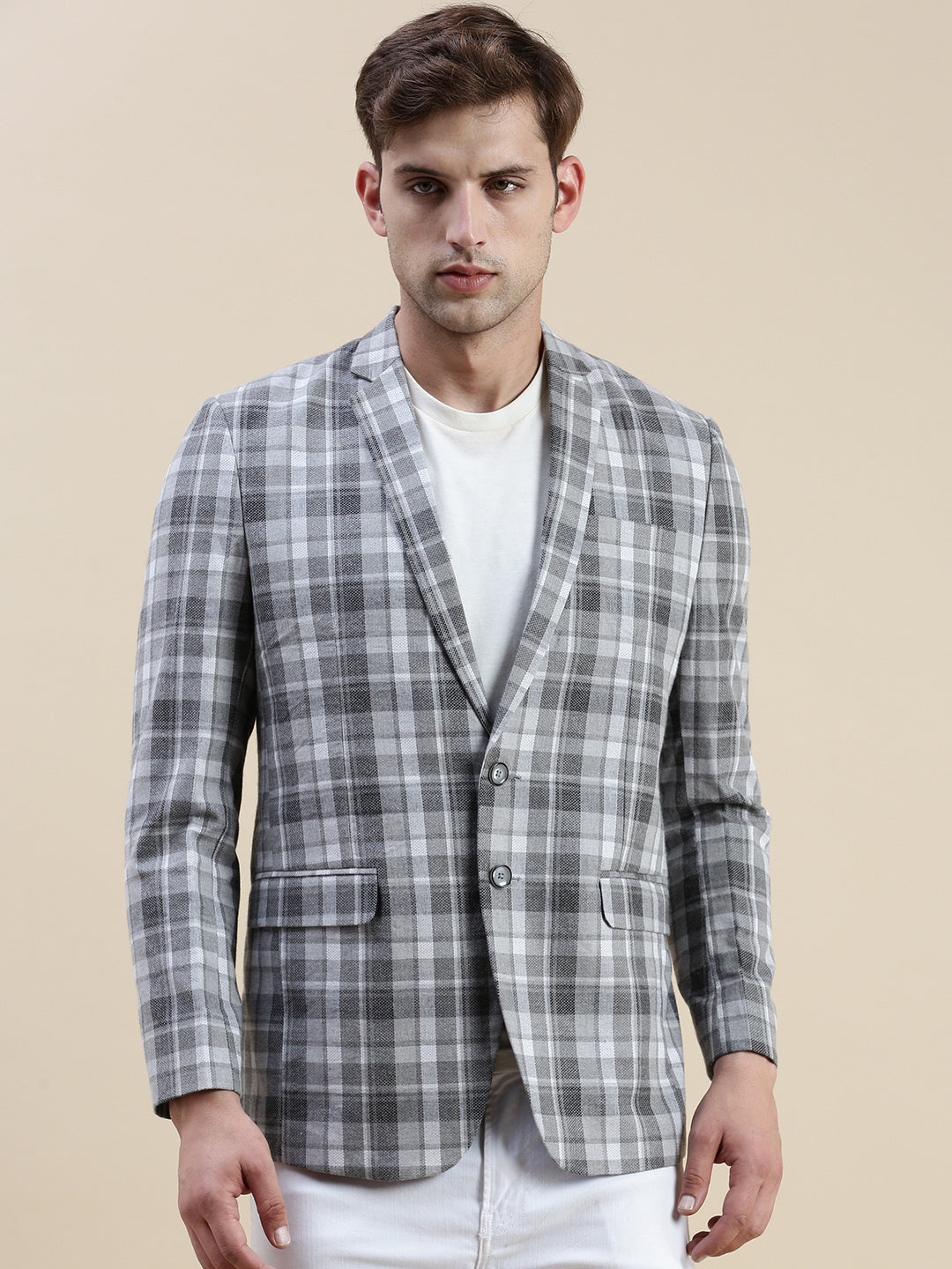 Men Grey Checked Notched Lapel Blazer