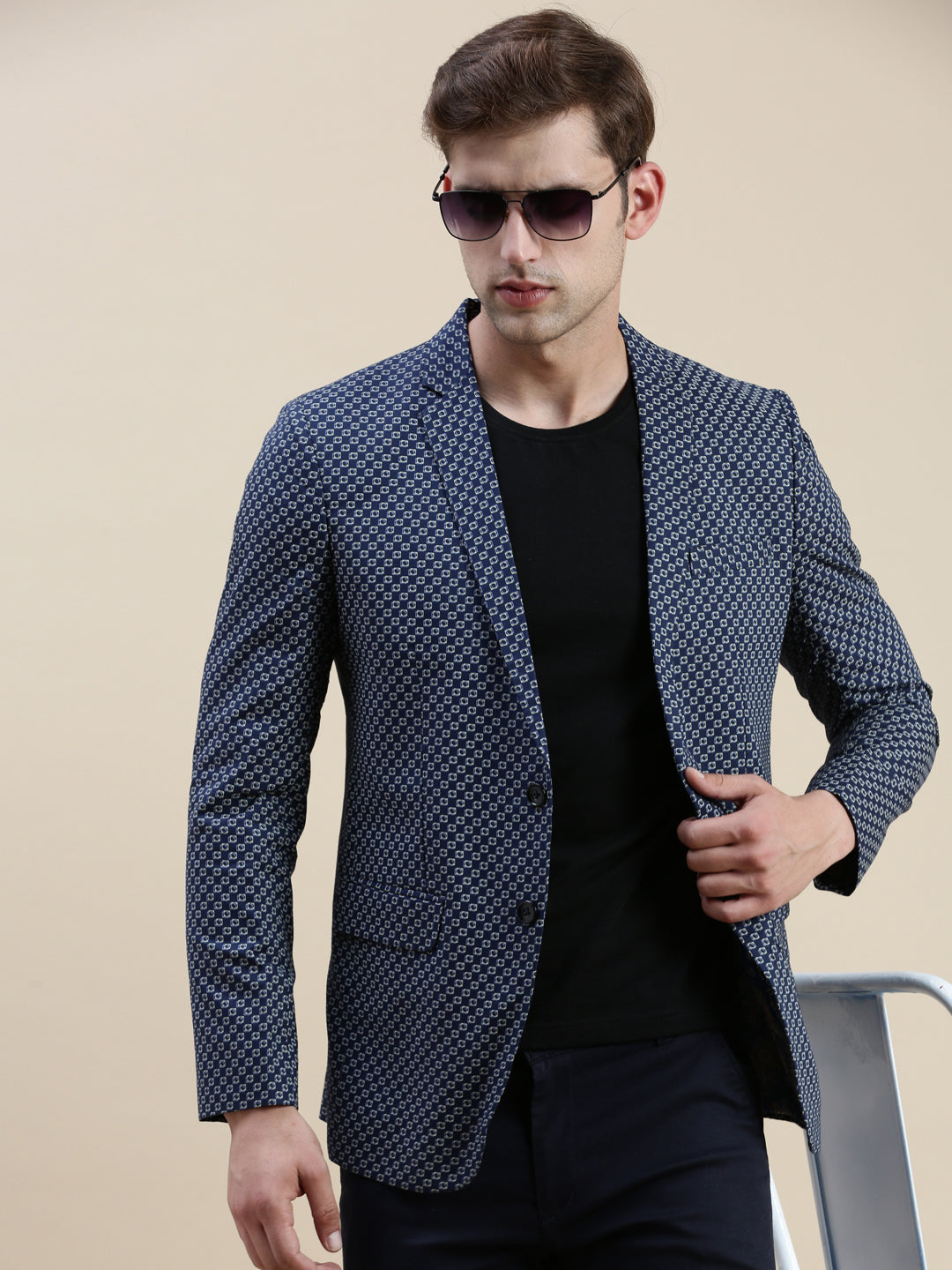 Men Navy Printed Casual Blazer