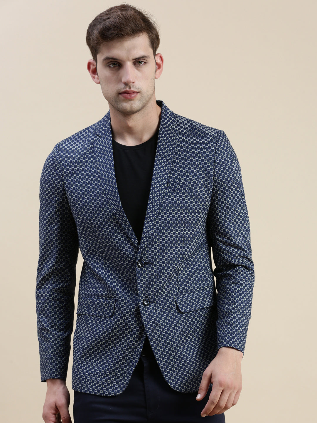 Men Navy Printed Casual Blazer