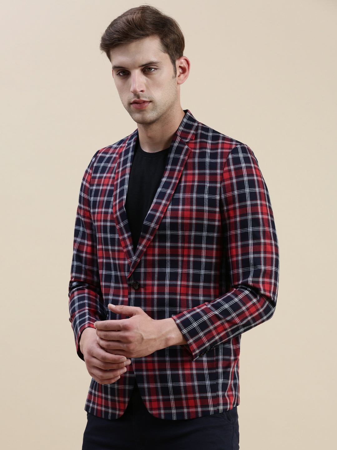 Men Red Checked Notched Lapel Blazer