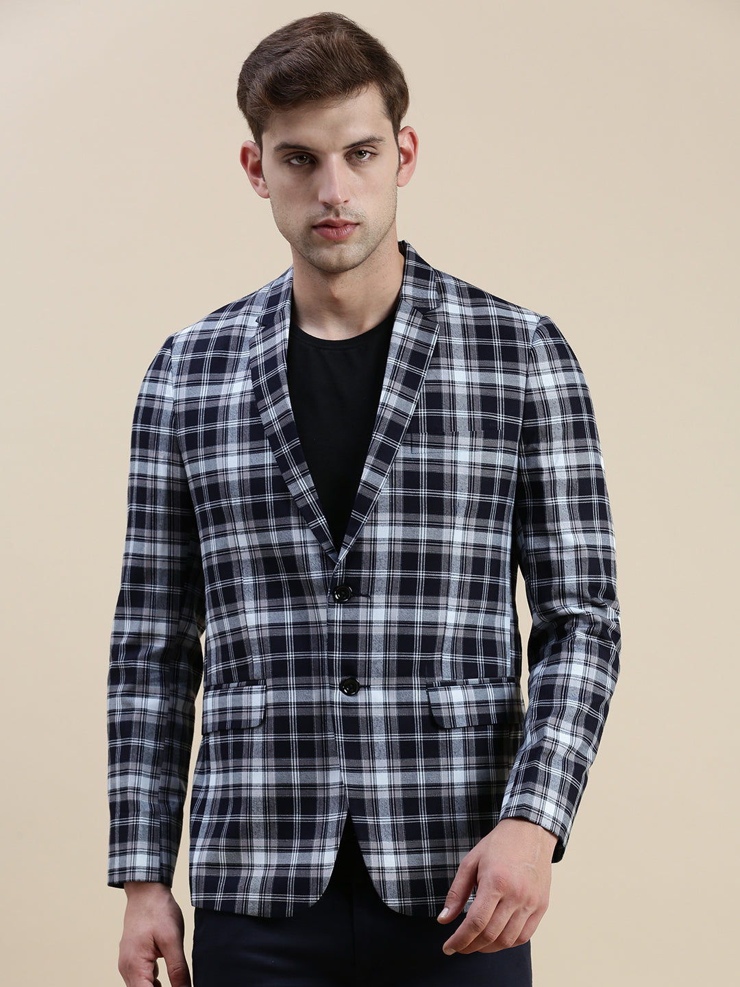 Men Navy Checked Casual Blazer