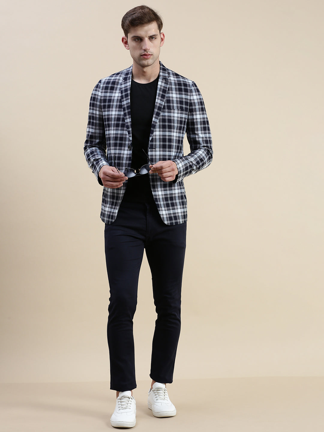 Men Navy Checked Casual Blazer