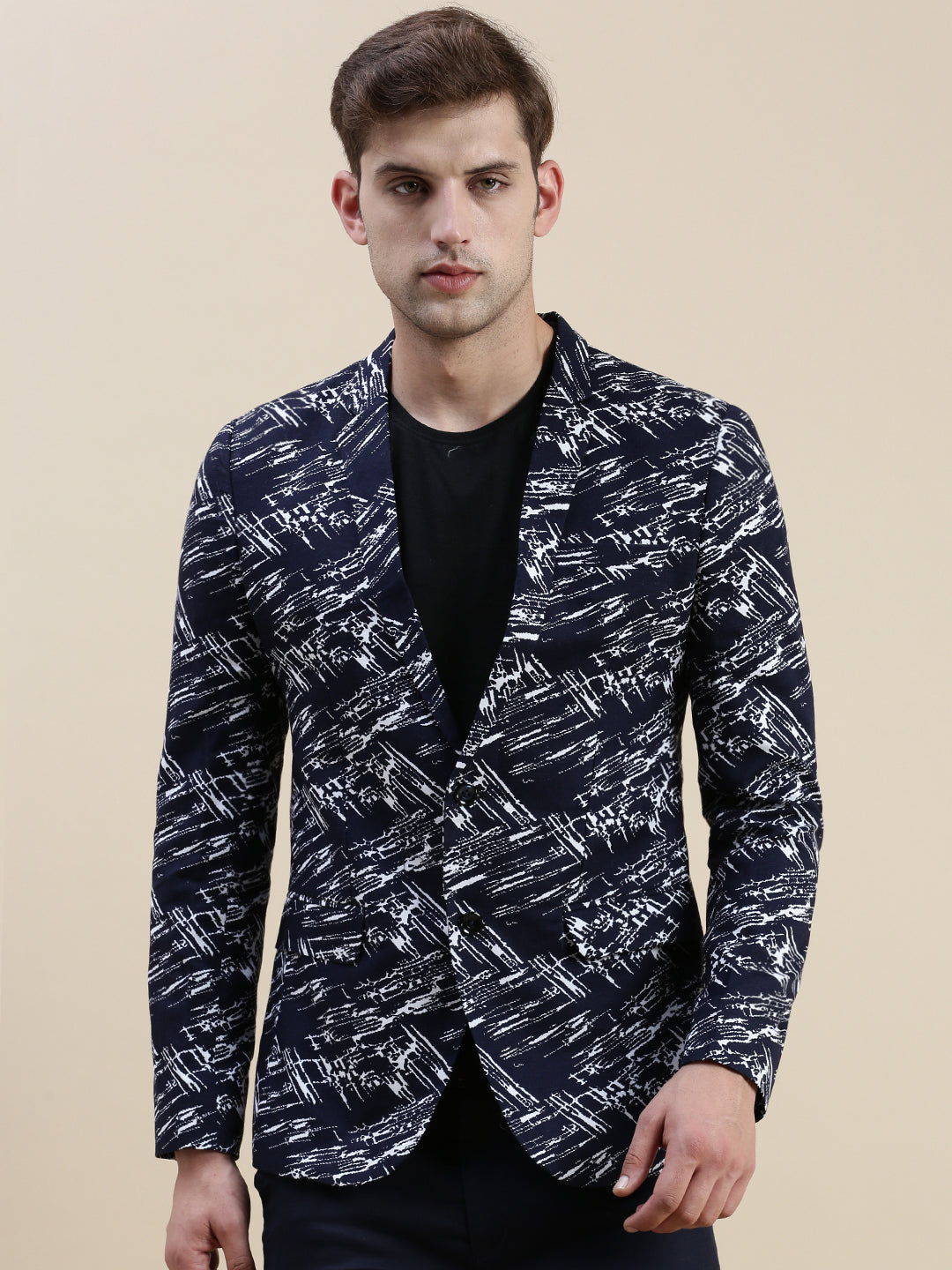 Men Navy Printed Casual Blazer