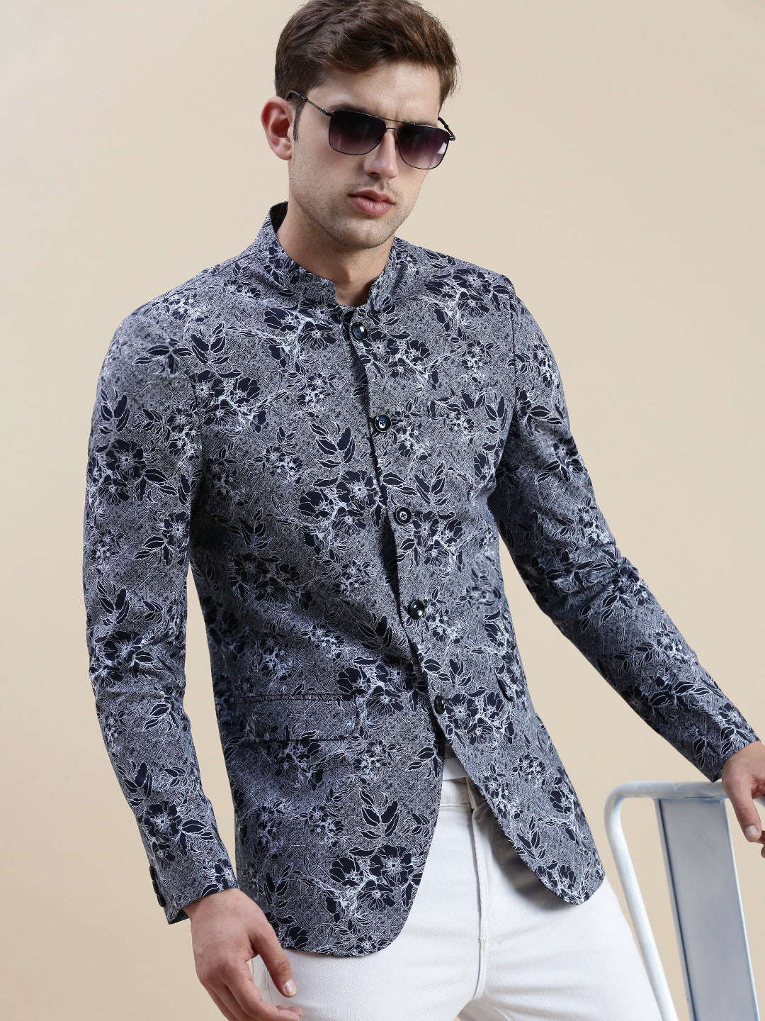 Men Grey Printed Casual Blazer