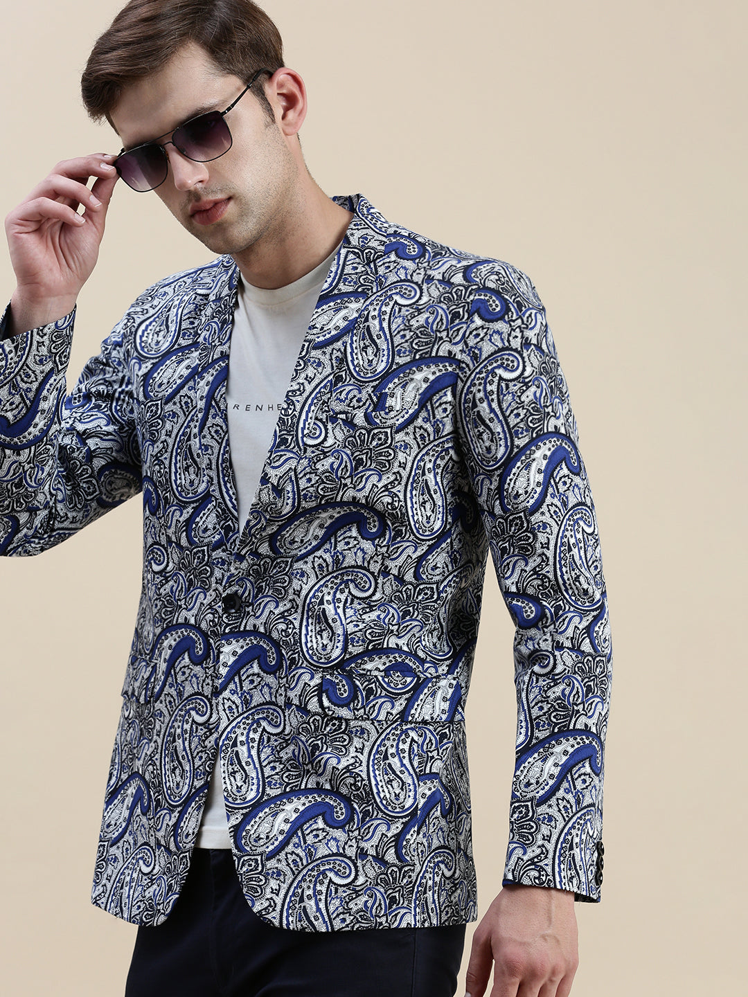 Men Blue Printed Notched Lapel Blazer