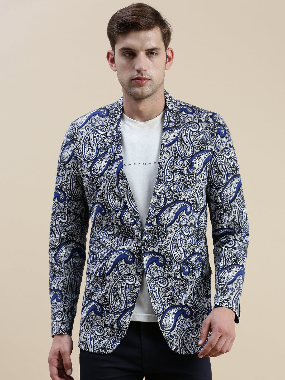 Men Blue Printed Notched Lapel Blazer