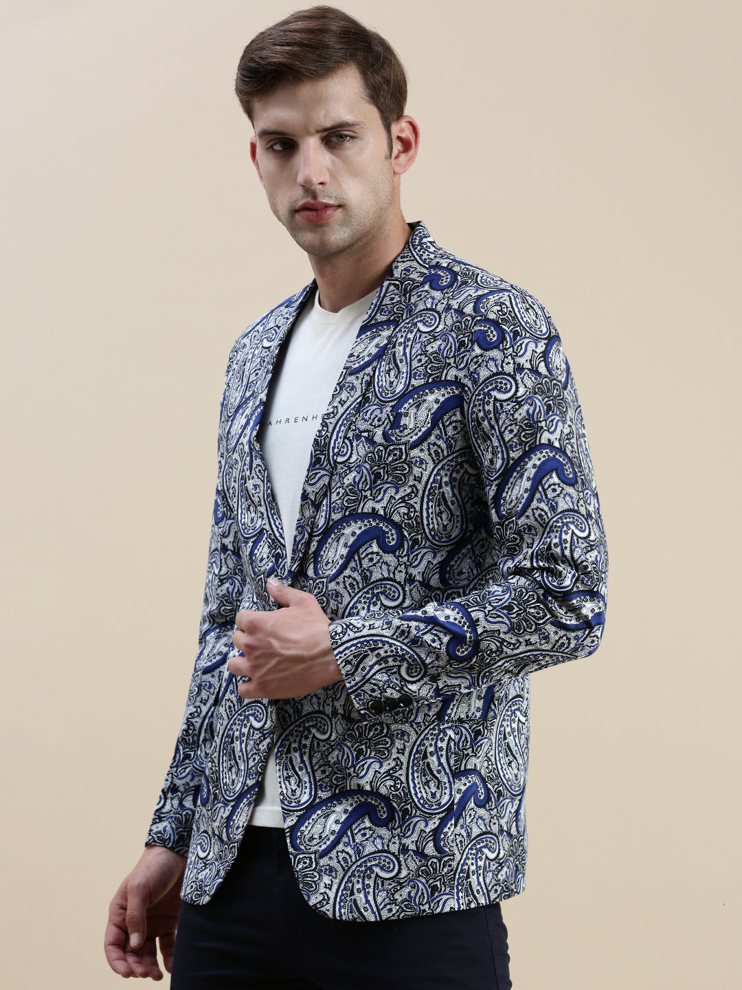 Men Blue Printed Notched Lapel Blazer