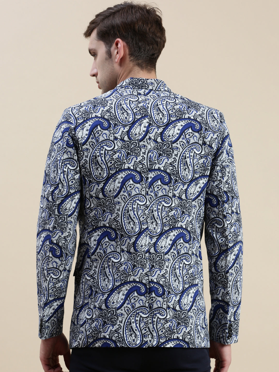 Men Blue Printed Notched Lapel Blazer