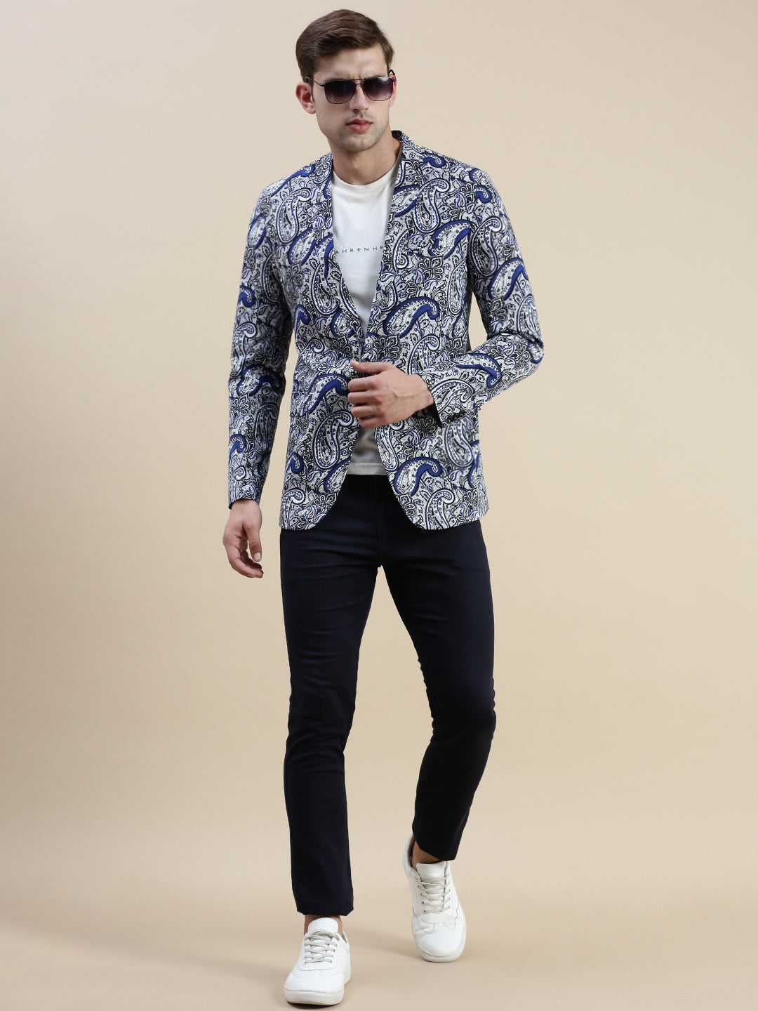 Men Blue Printed Notched Lapel Blazer