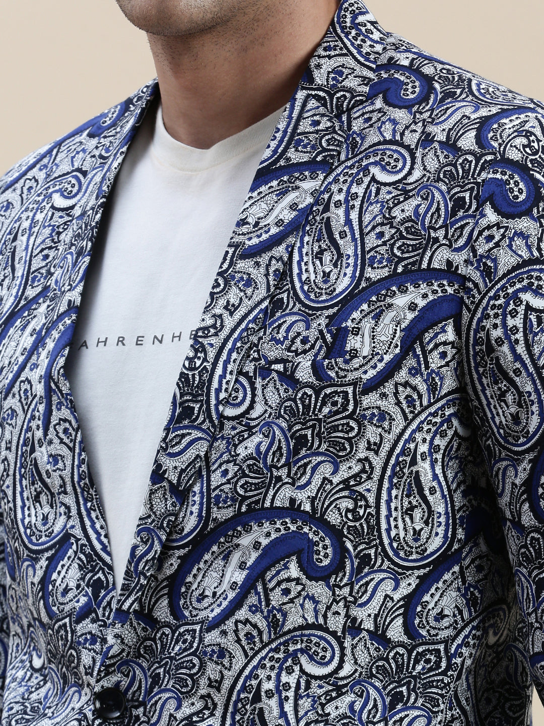 Men Blue Printed Notched Lapel Blazer